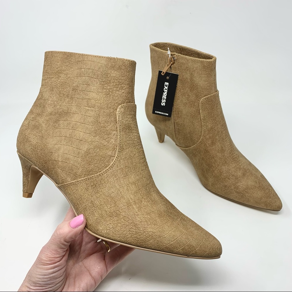 Express Tan Neutral Vegan Leather Pointed Toe Kitten Heel Ankle Booties 8